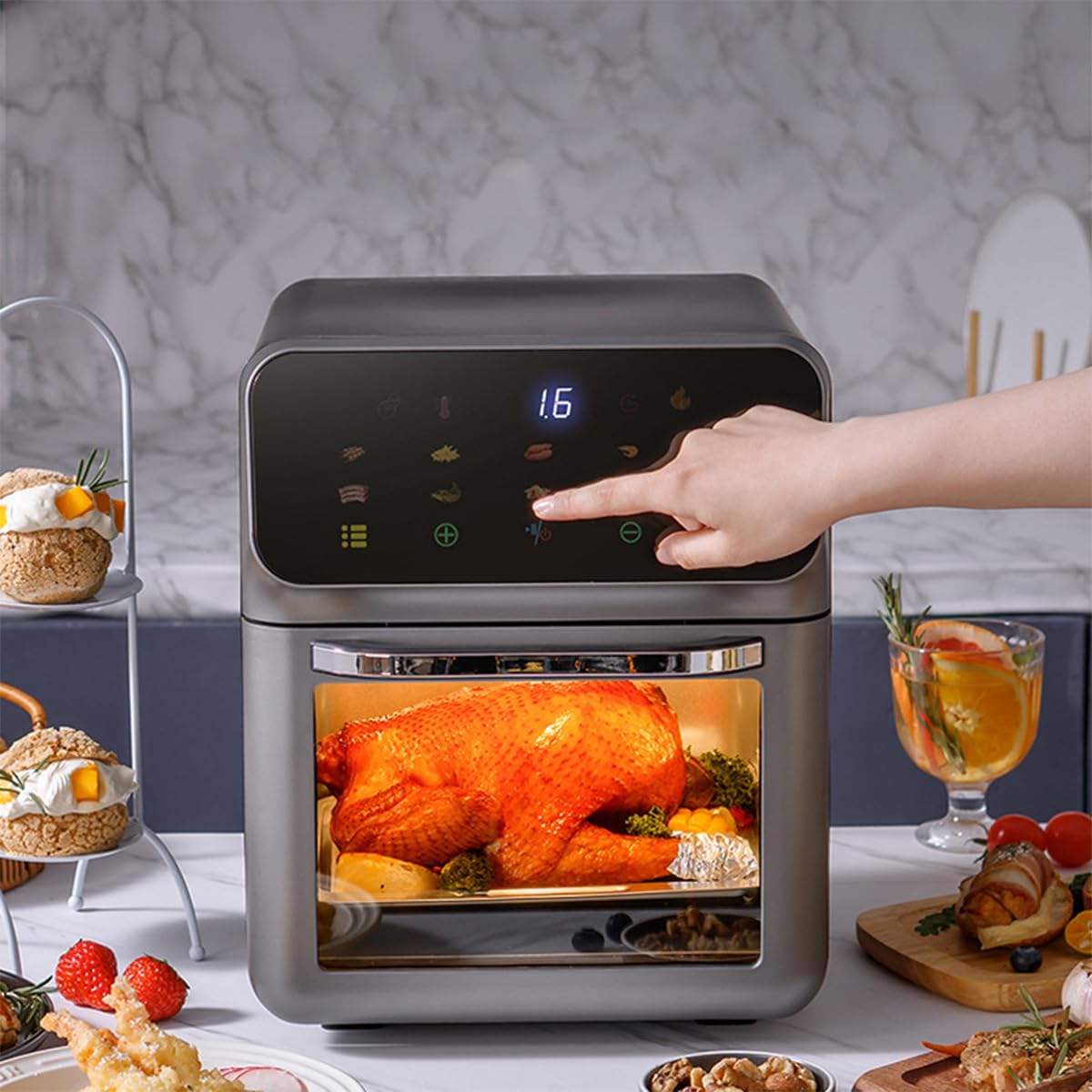 ノンフライヤー 電気エアフライヤー Air fryer 12L容量 可視窓 1350W 最高温230℃ 揚げ物 ポテト 惣菜 2~5人 自動電源オフ LEDディスプレイ 過熱保護【タイマー機能 温度調整 省エネ 静音】1台8役5D熱風360°空気循環 操作簡単 家庭用 引越し 結婚祝い 人気 プレゼント